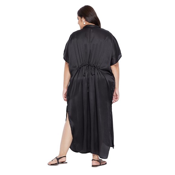 Satin Maxi Dress for Womens Solid Black Bikini Swimsuit Cover Up Beach Dresses - Picture 7 of 7